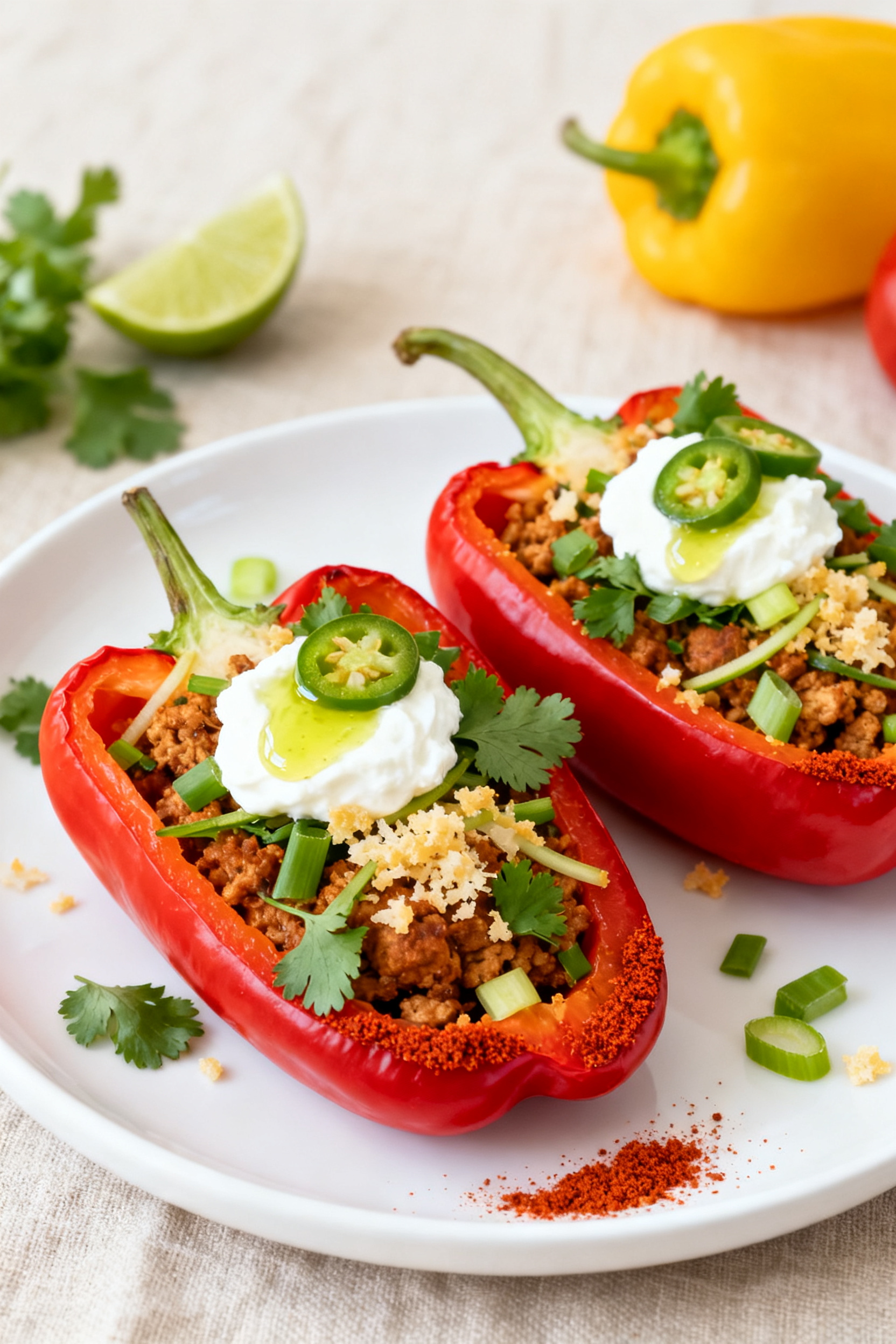Final plated dish: Restaurant-quality presentation of two high protein taco stuffed peppers on a mat