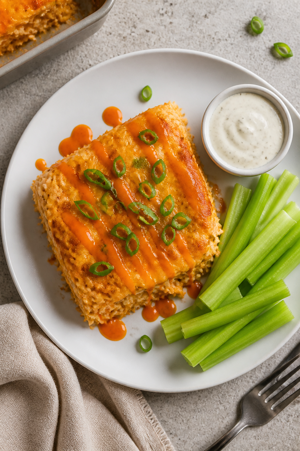 Final plated dish: Restaurant-quality presentation of a generous square of Buffalo Chicken Protein B