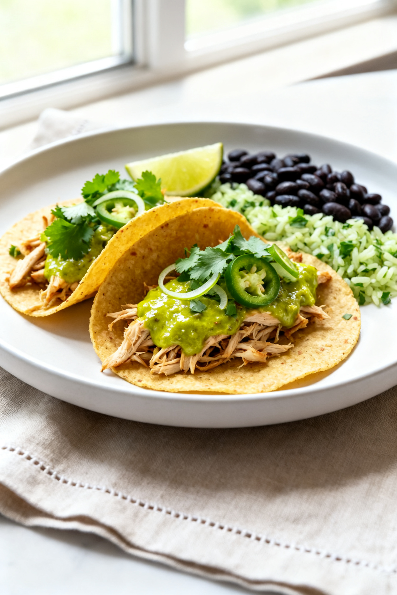Final plated dish, restaurant-quality: Salsa Verde Chicken tacos on warm corn tortillas, generously