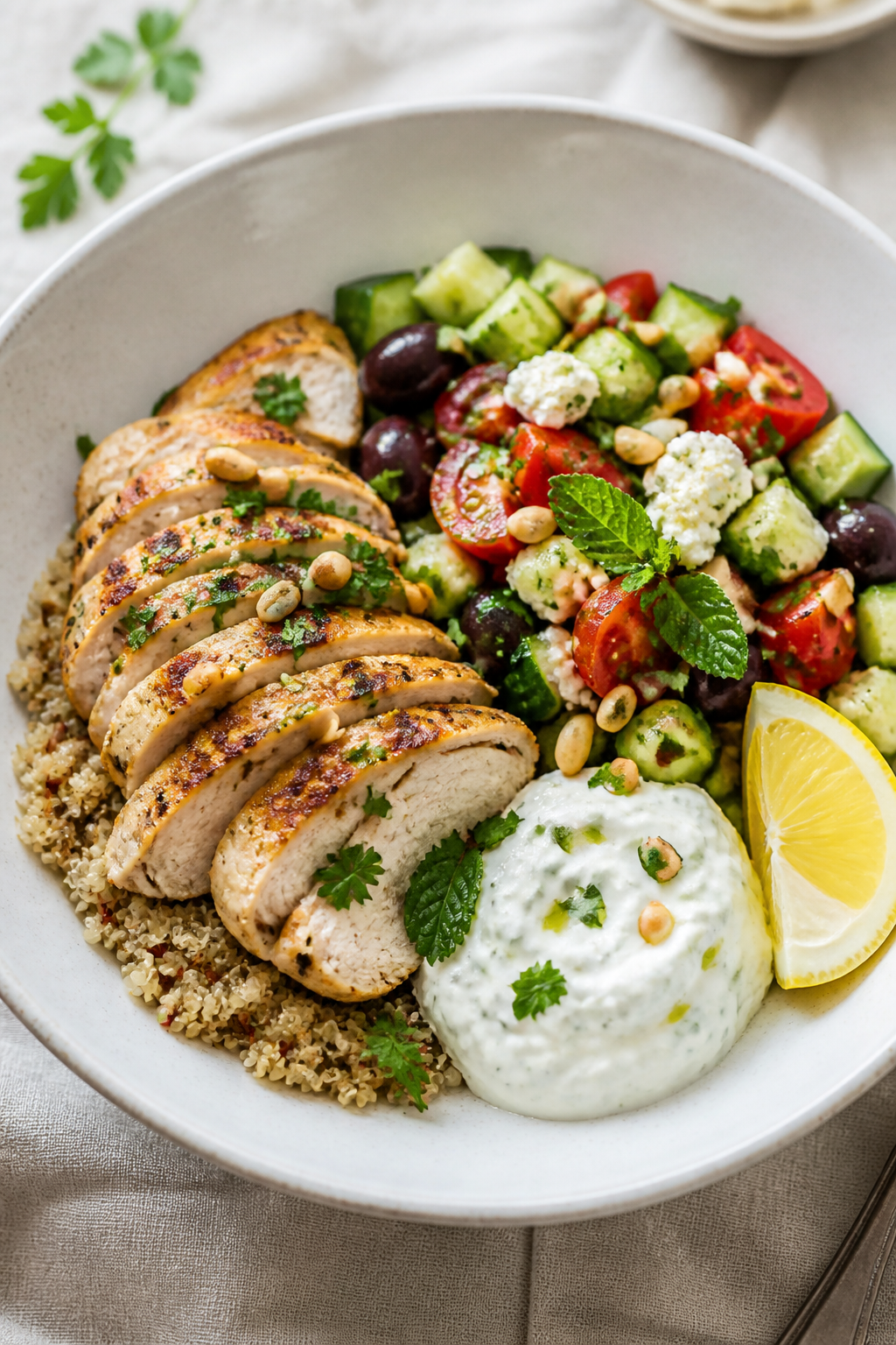 Final plated dish, restaurant-style: Beautifully plated Mediterranean chicken bowl with warm quinoa