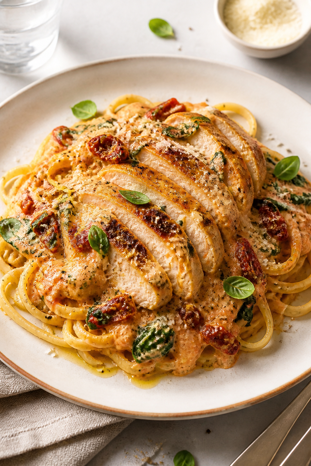 Final plated dish, restaurant-style presentation: Creamy Sun-Dried Tomato Chicken Skillet plated on 