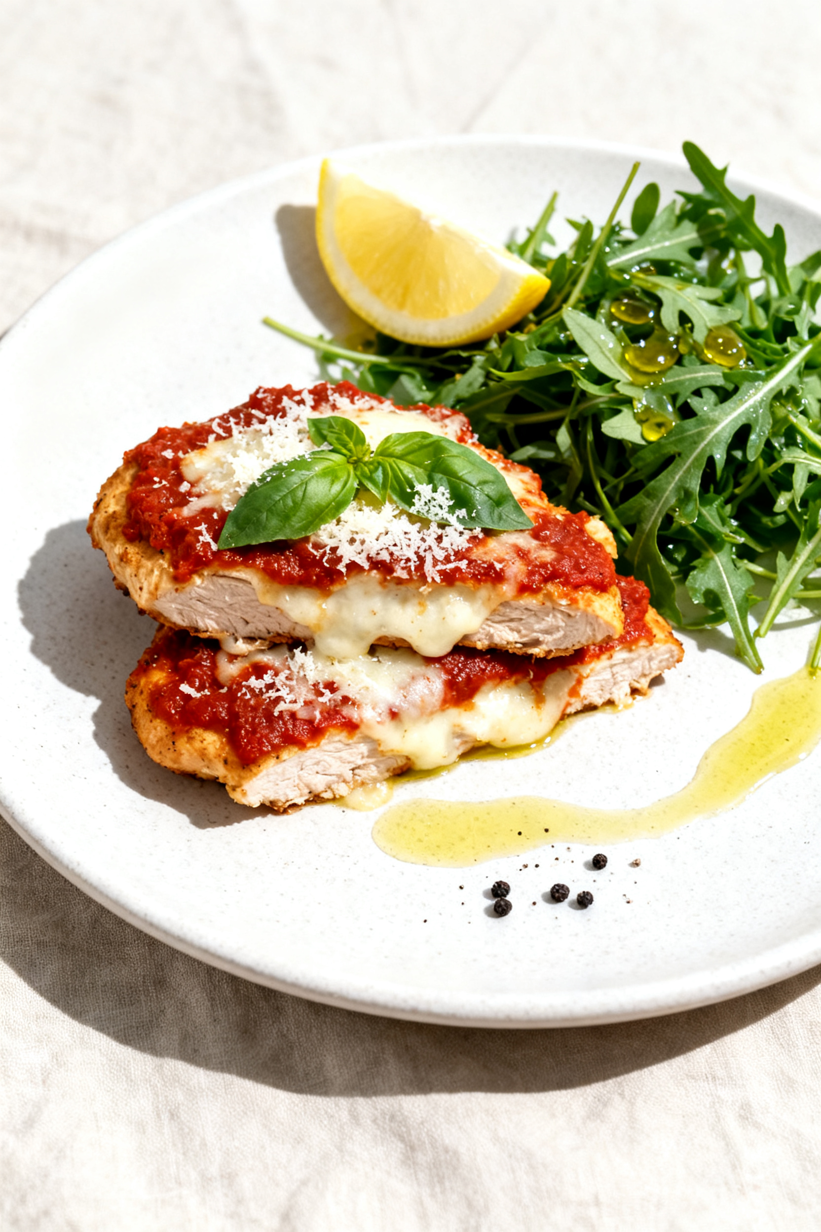 Final plated dish shot: Restaurant-quality presentation of Healthy Chicken Parmesan Bake served on a