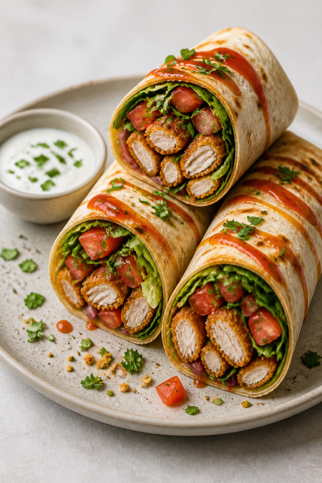 Final plated dish: Sliced Healthy Crispy Chicken Wraps arranged on a matte ceramic plate, cut sides