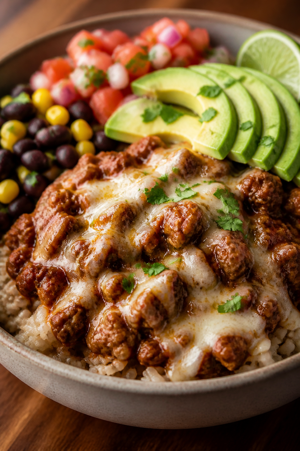 Final plated glamour: Hero close-up of a finished burrito bowl with the turkey spooned over warm bro