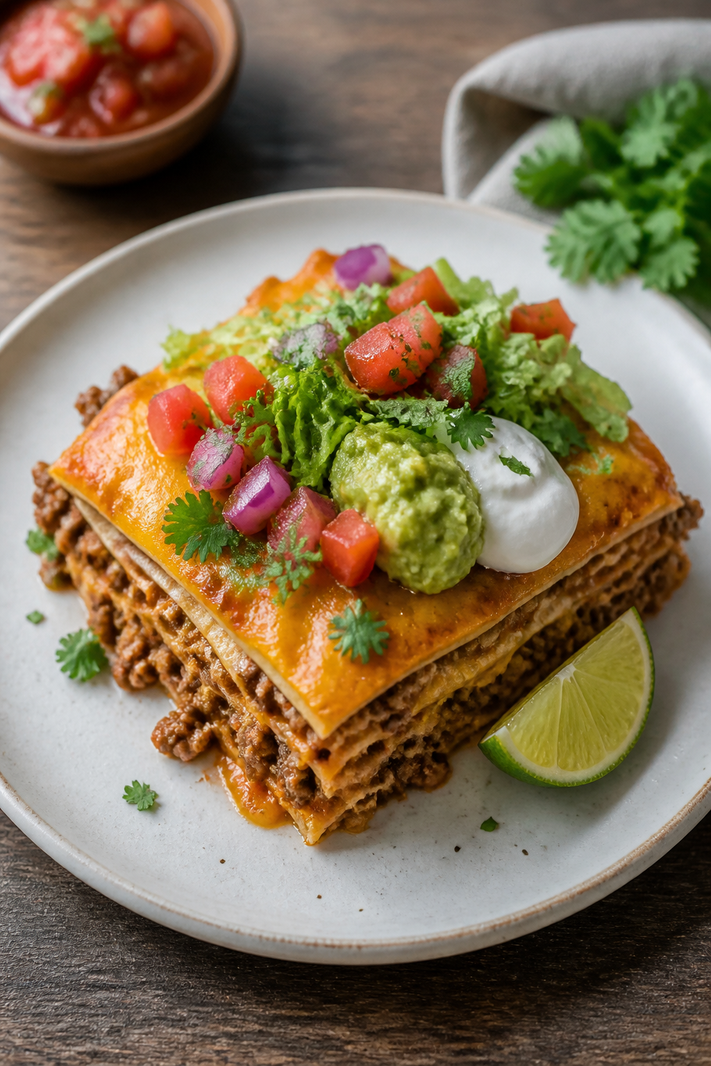 Final plated hero: Beautifully baked Ground Beef Street Taco Casserole slice on a white ceramic plat