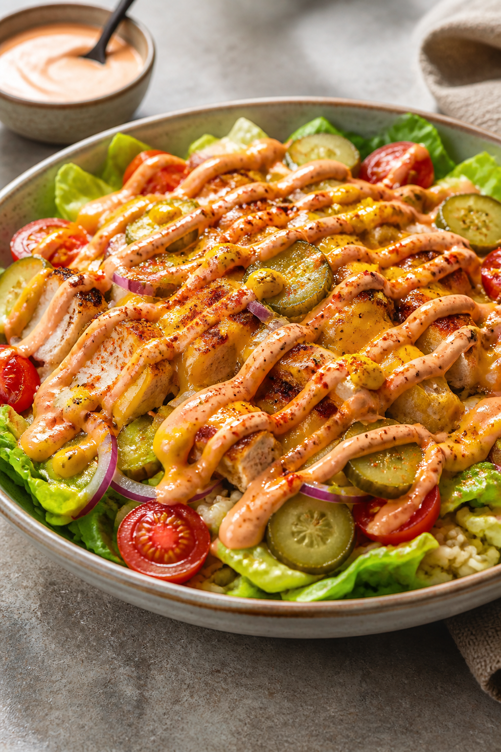 Final plated hero: Beautifully composed Chicken Cheeseburger Bowl ready to eat—crisp romaine base 