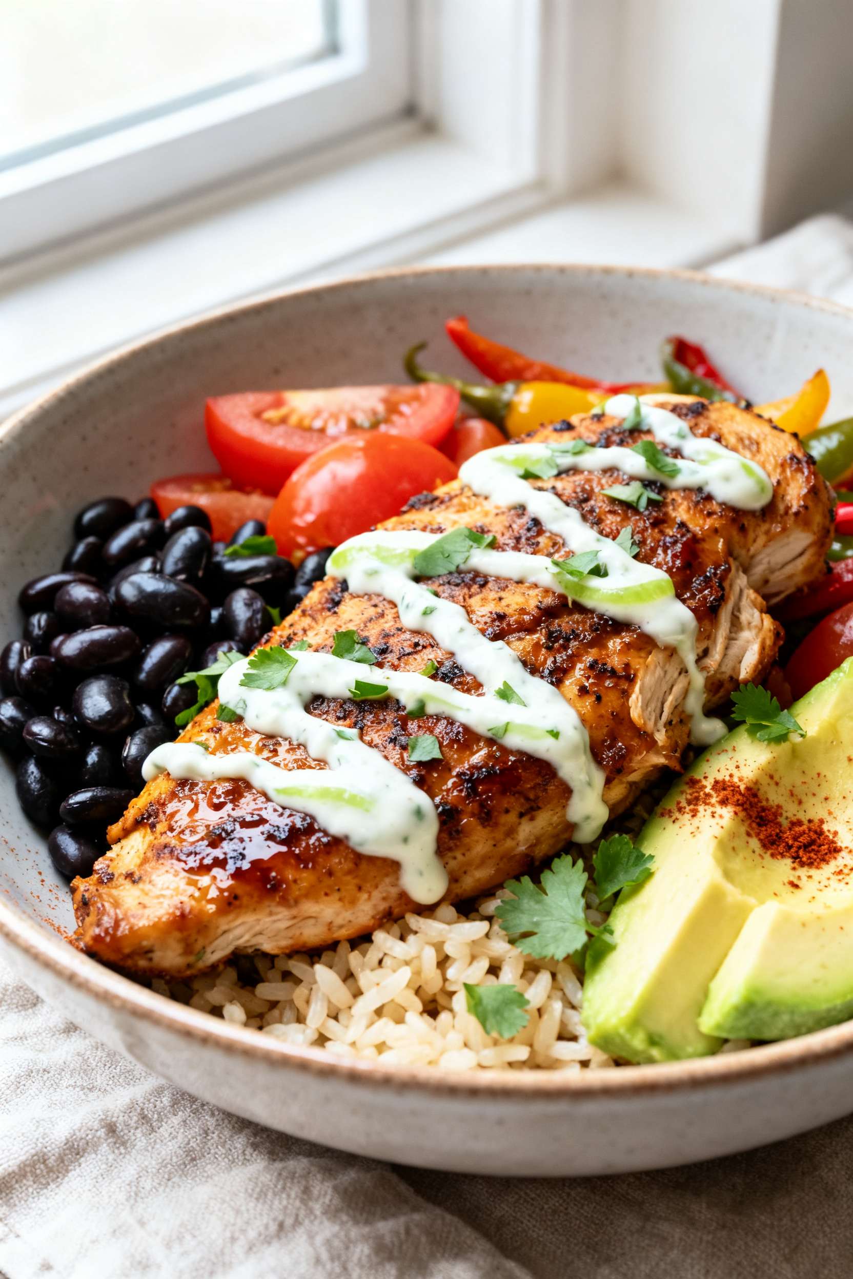 Final plated hero: Beautifully plated finished chicken burrito bowl, close-up three-quarter angle hi