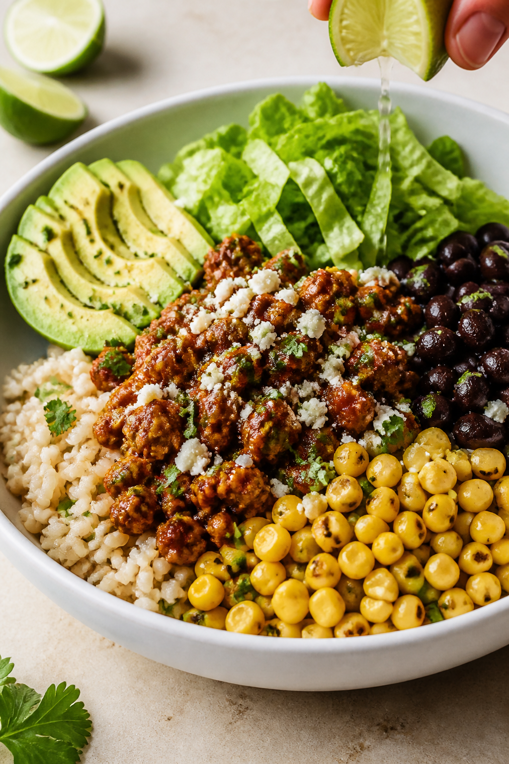 Final plated hero: Beautifully plated High Protein Ground Turkey Taco Bowl in a wide, shallow white 