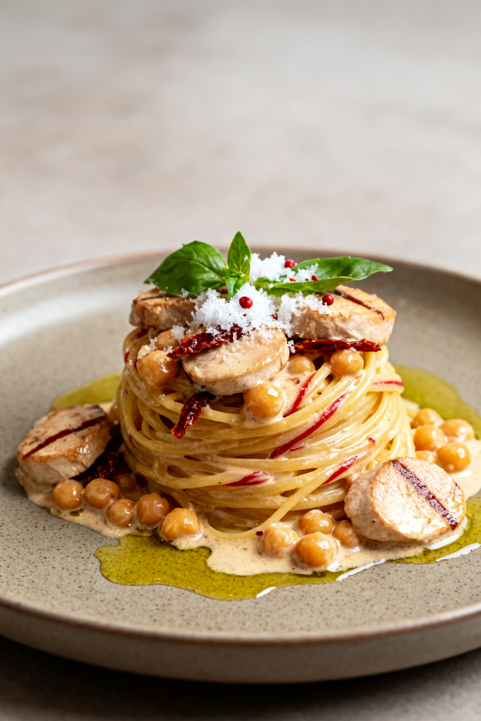 Final plated hero, close-up: Beautifully plated creamy Tuscan chicken protein pasta twirled into a t