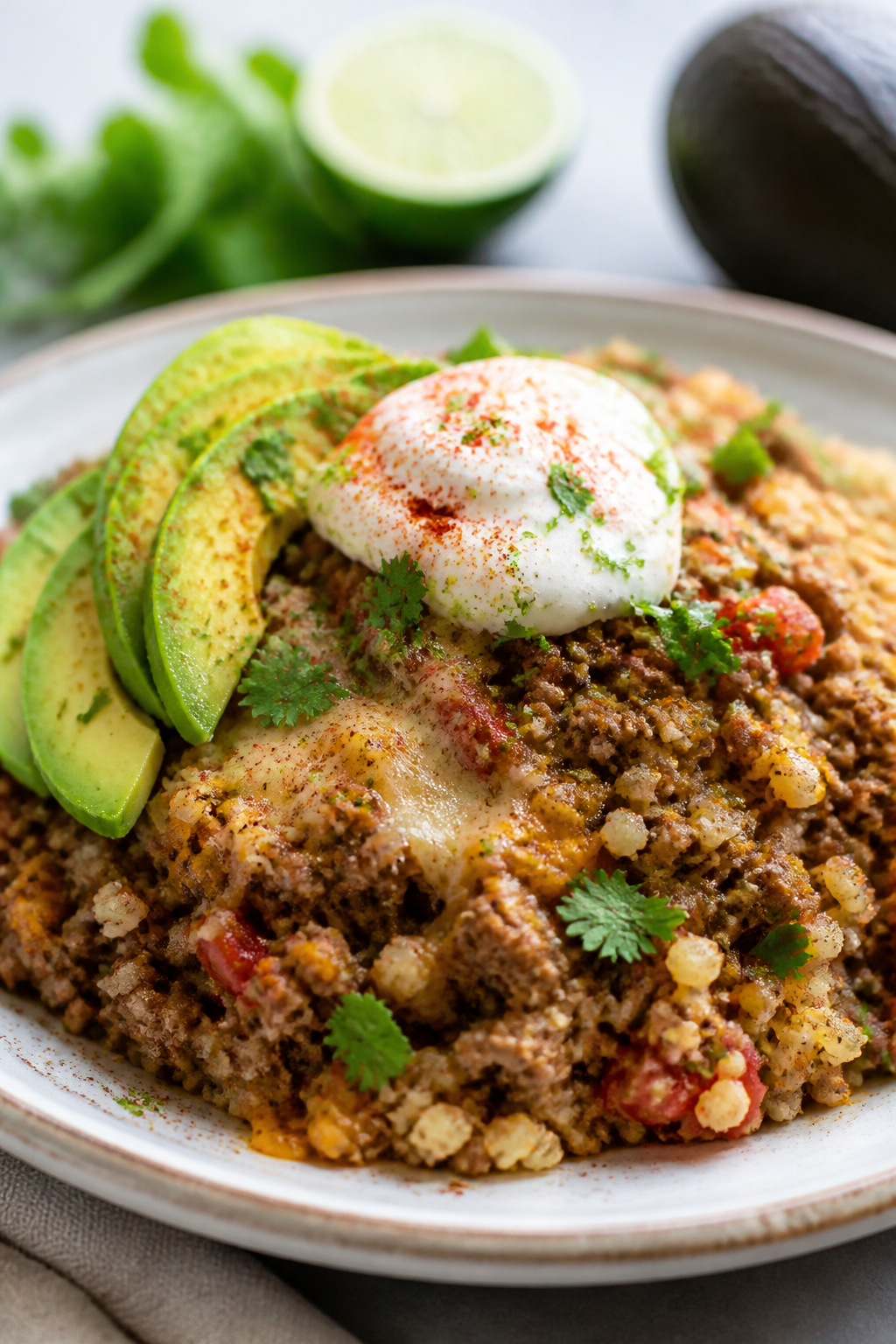 Final plated hero, close-up beauty shot: A single, artfully composed Ground Beef Mexican Cauliflower
