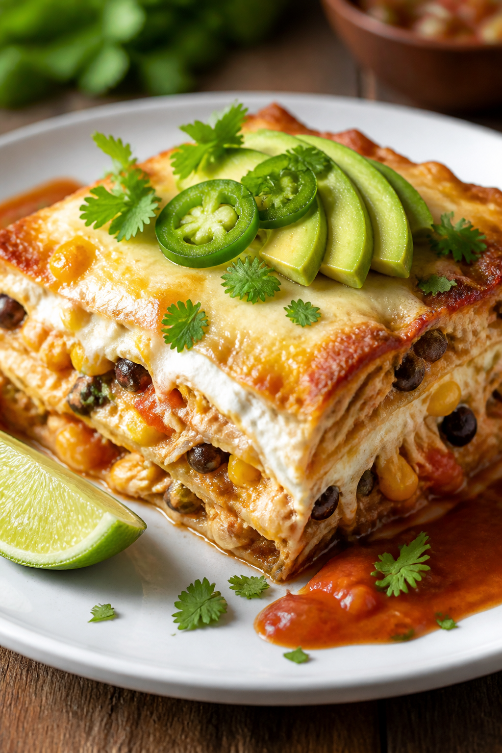 Final plated hero, close-up detail: A golden, bubbling slice of Protein Packed Chicken Taco Casserol