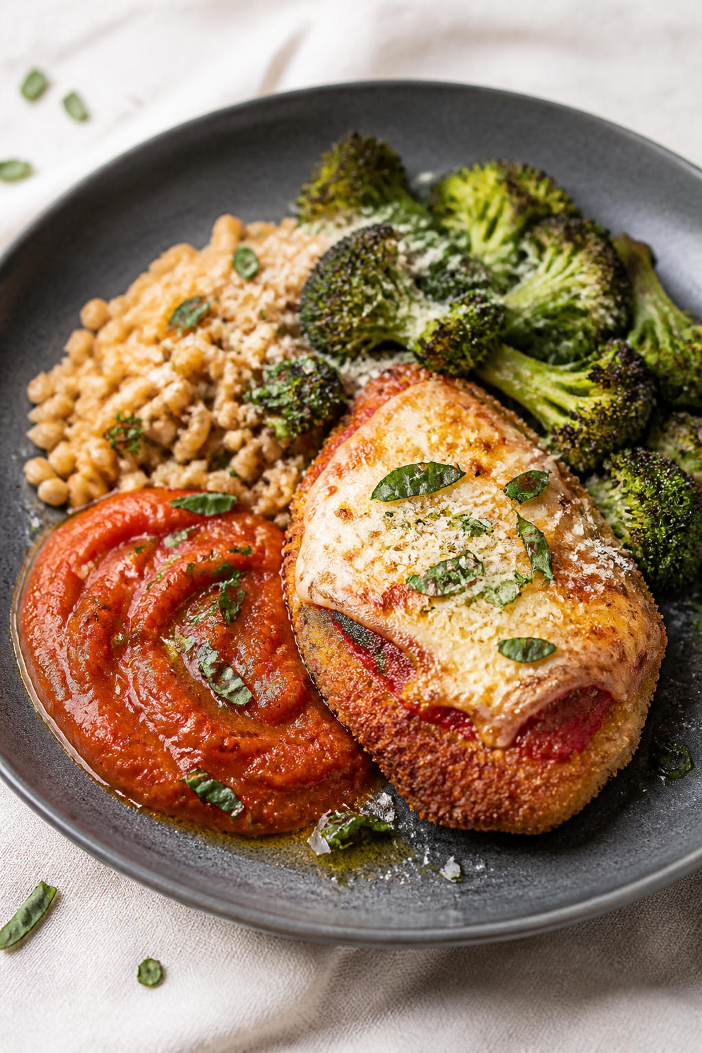 Final plated hero: Restaurant-quality plate of Chicken Parmesan meal prep bowl deconstructed—one c