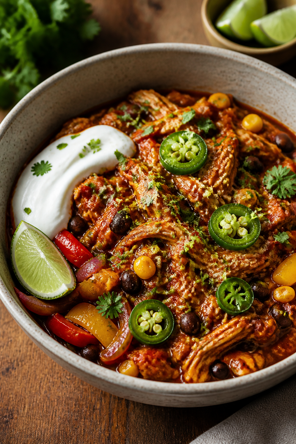 Final plated hero — Restaurant-quality presentation: Beautifully plated chicken enchilada bowl in