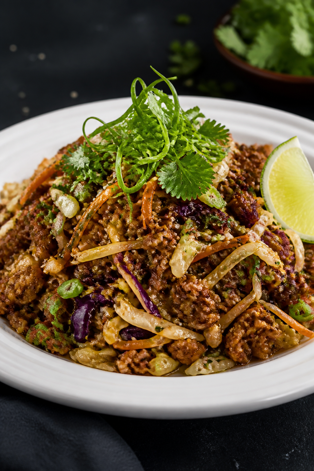 Final plated hero: Restaurant-quality presentation of the protein-packed Egg Roll in a Bowl (pork va