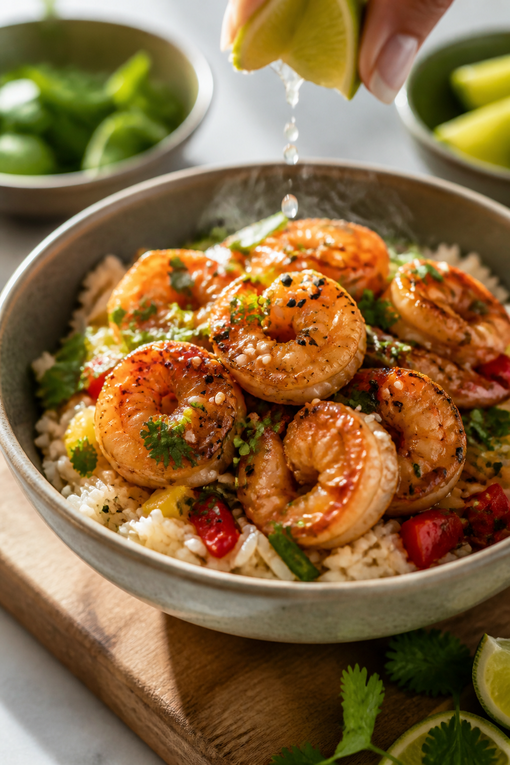 Final plated hero: Restaurant-quality presentation of the finished shrimp rice bowl, 3/4 angle close