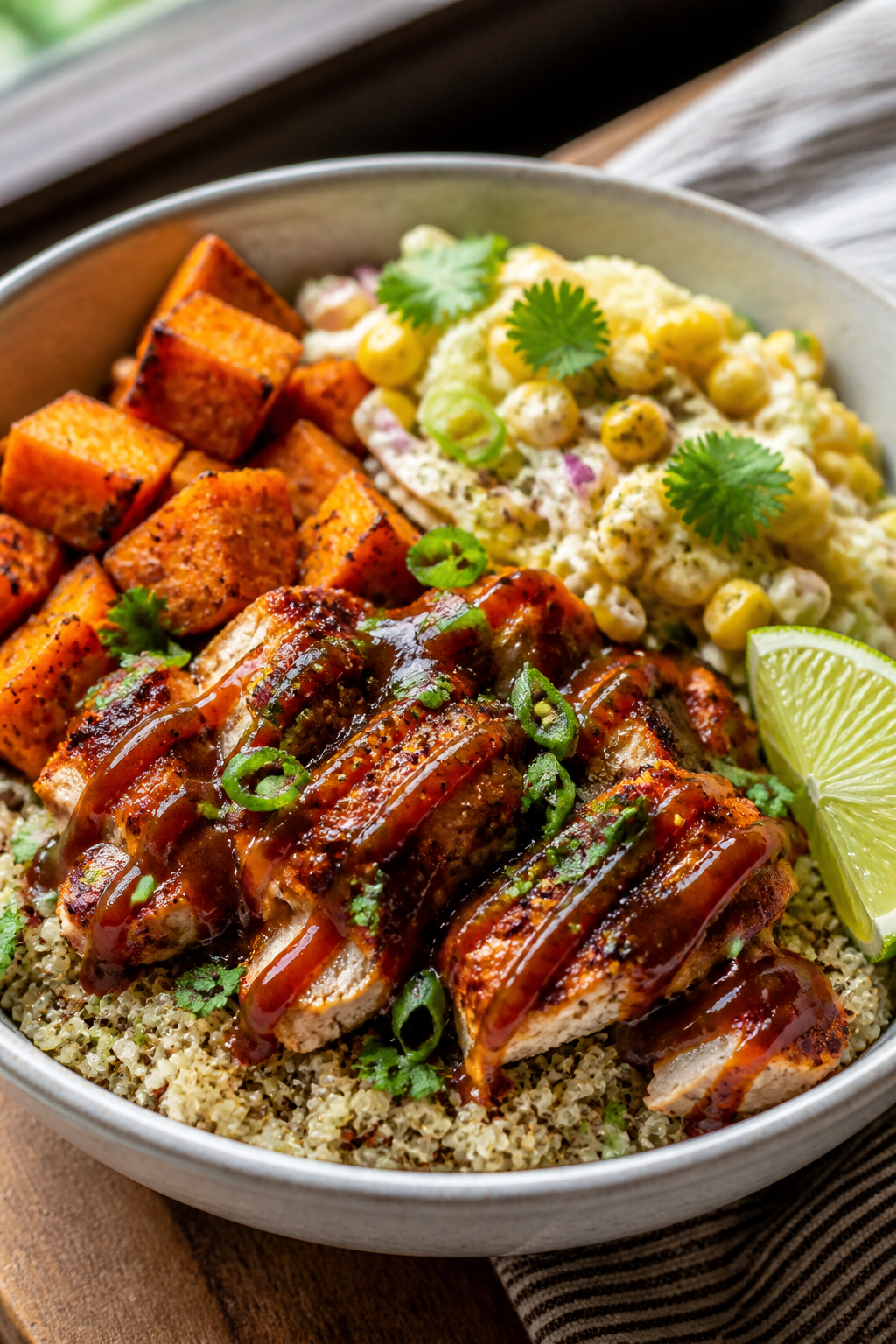 Final plated hero: Restaurant-quality presentation of a single BBQ chicken bowl in a shallow ceramic