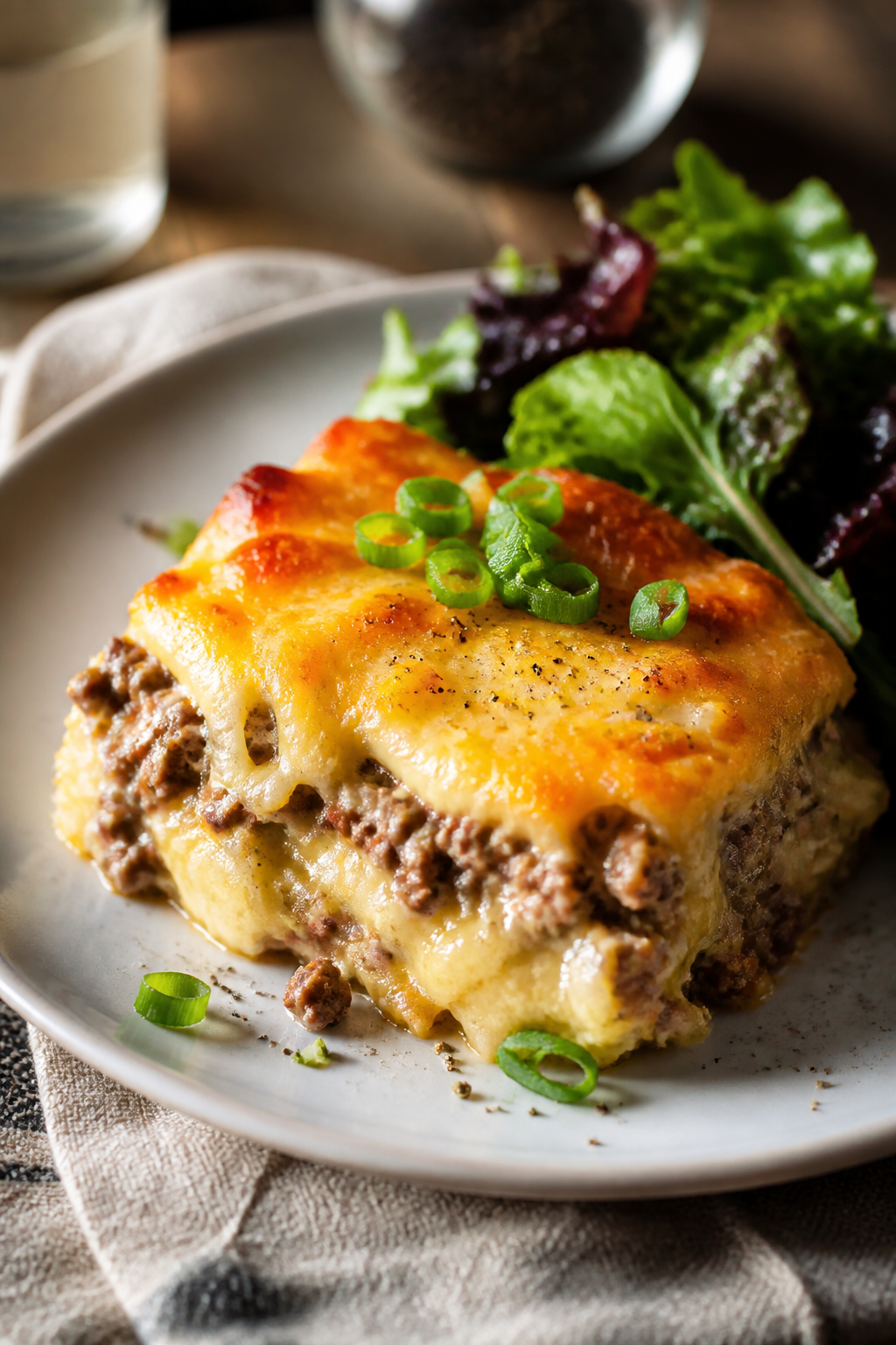 Final plated hero shot: Beautifully baked Ground Beef Crack Casserole slice on a matte white plate, 