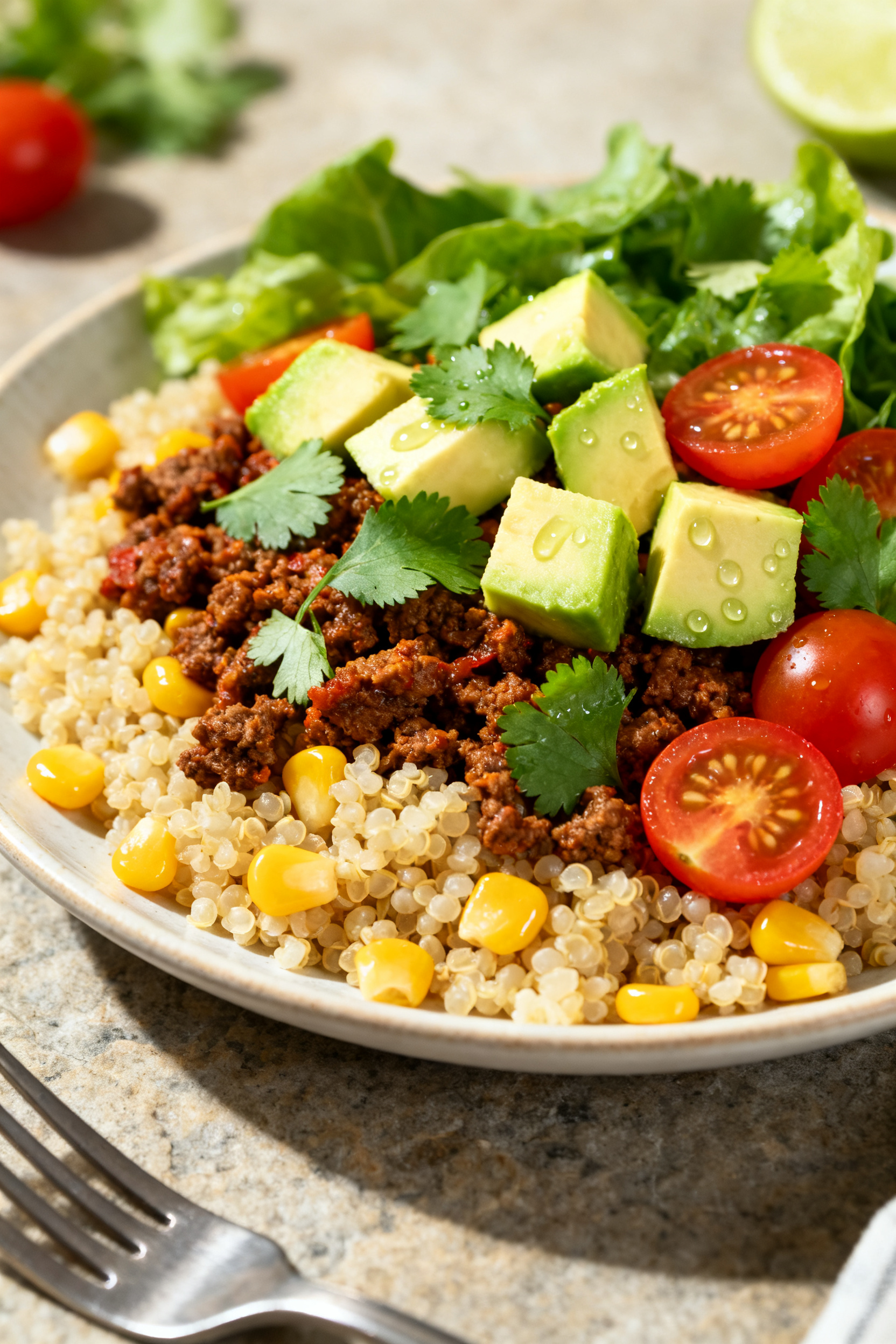 Final plated hero shot: Beautifully plated taco bowl variation on quinoa with extra greens—focus o