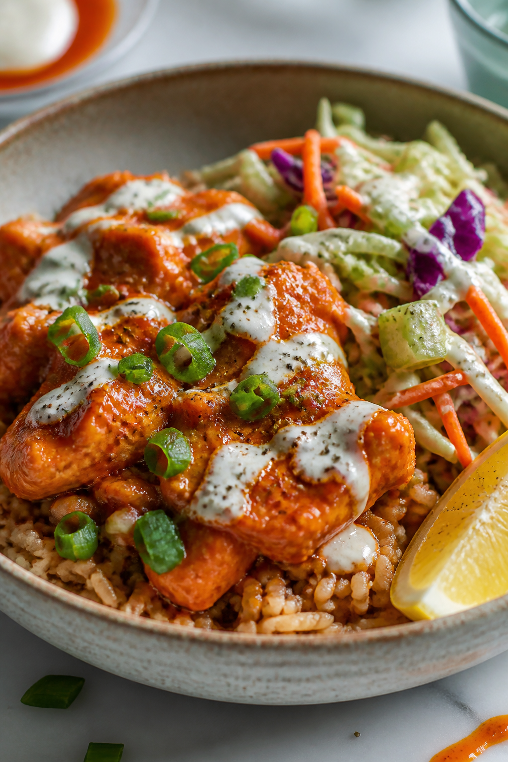 Final plated hero shot, close-up detail: Restaurant-quality Buffalo Chicken Rice Bowl presented in a
