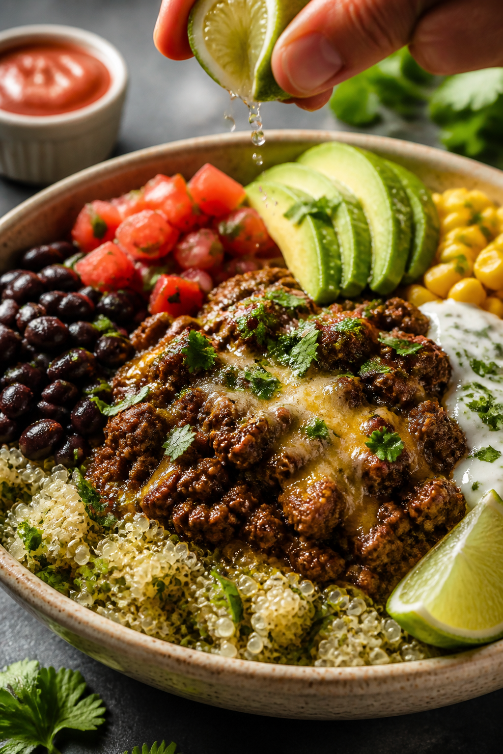Final plated hero shot, close-up detail: Restaurant-quality taco bowl with quinoa base, extra cilant