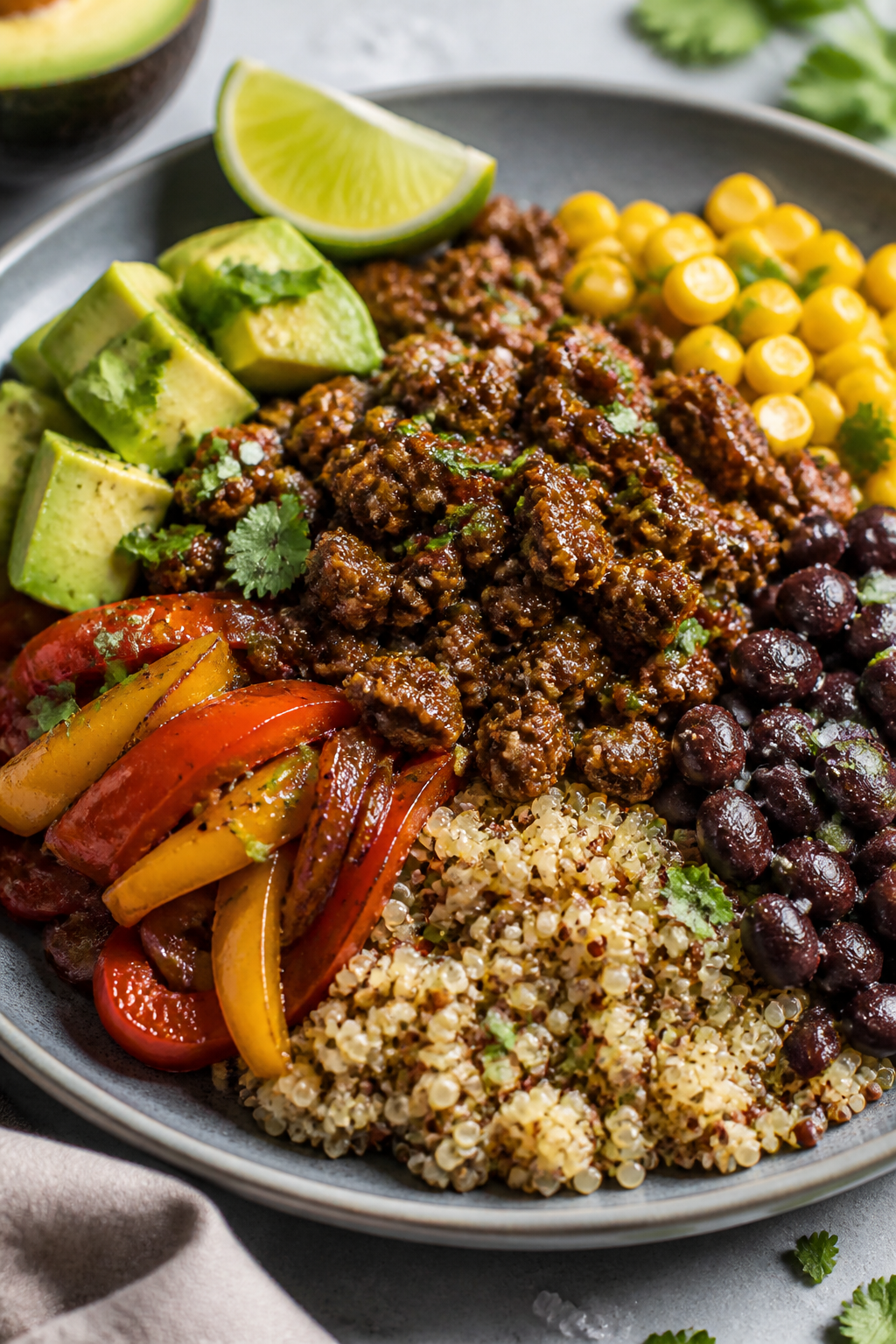 Final plated hero shot, close-up: Fully assembled Ground Beef Southwest Protein Bowl presented on a 