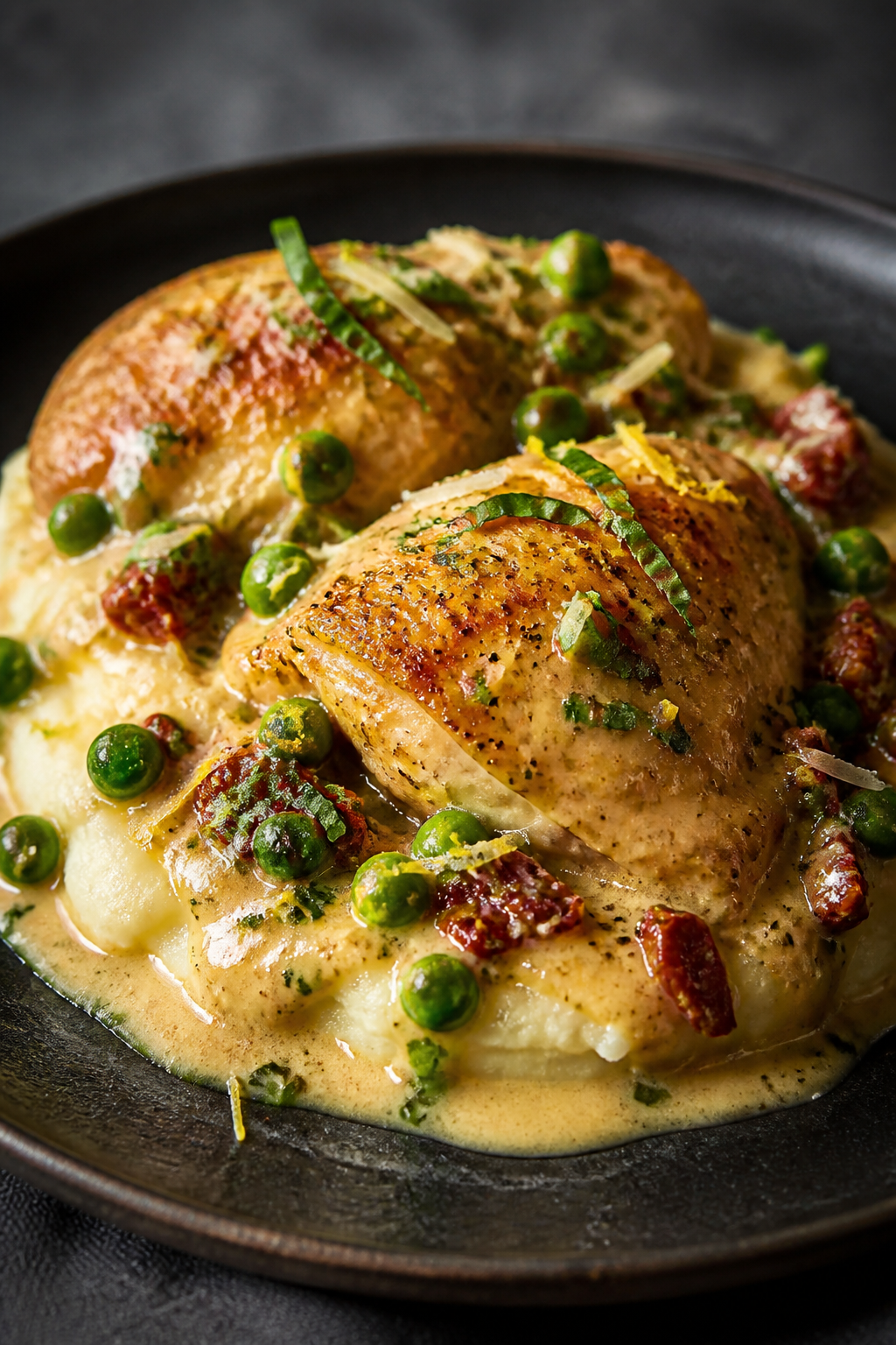 Final plated hero shot, close-up: Restaurant-quality presentation of whole chicken thighs glazed in
