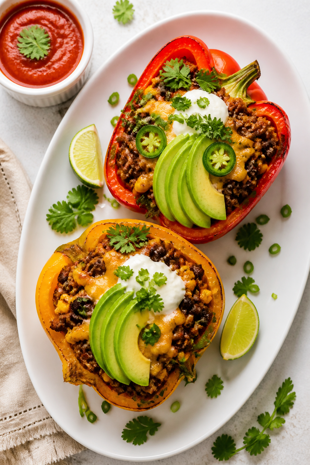 Final plated hero shot: Restaurant-quality presentation of High Protein Beef Taco Stuffed Peppers on