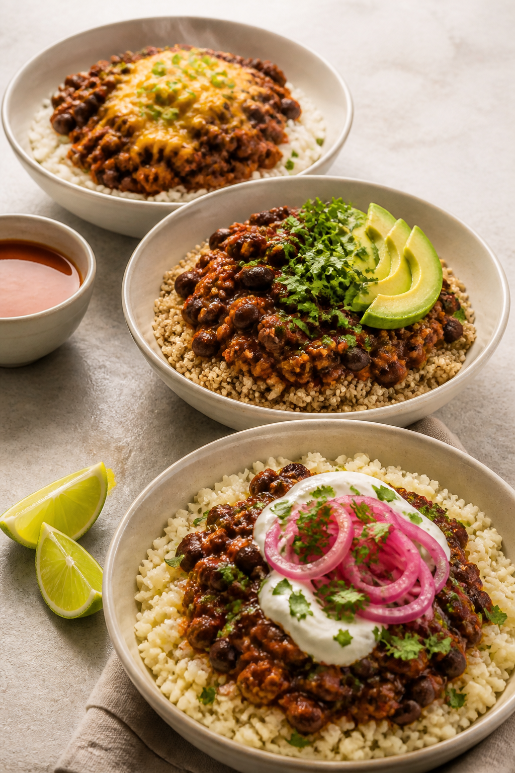 Final plated hero shot, three-bowl meal-prep variety: Trio of enchilada bowls lined diagonally—one