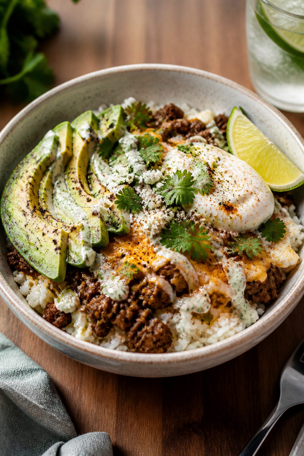 Final plated hero shot: Three-quarter angle beauty of a single Beef Taco Rice Bowl in a wide, shallo