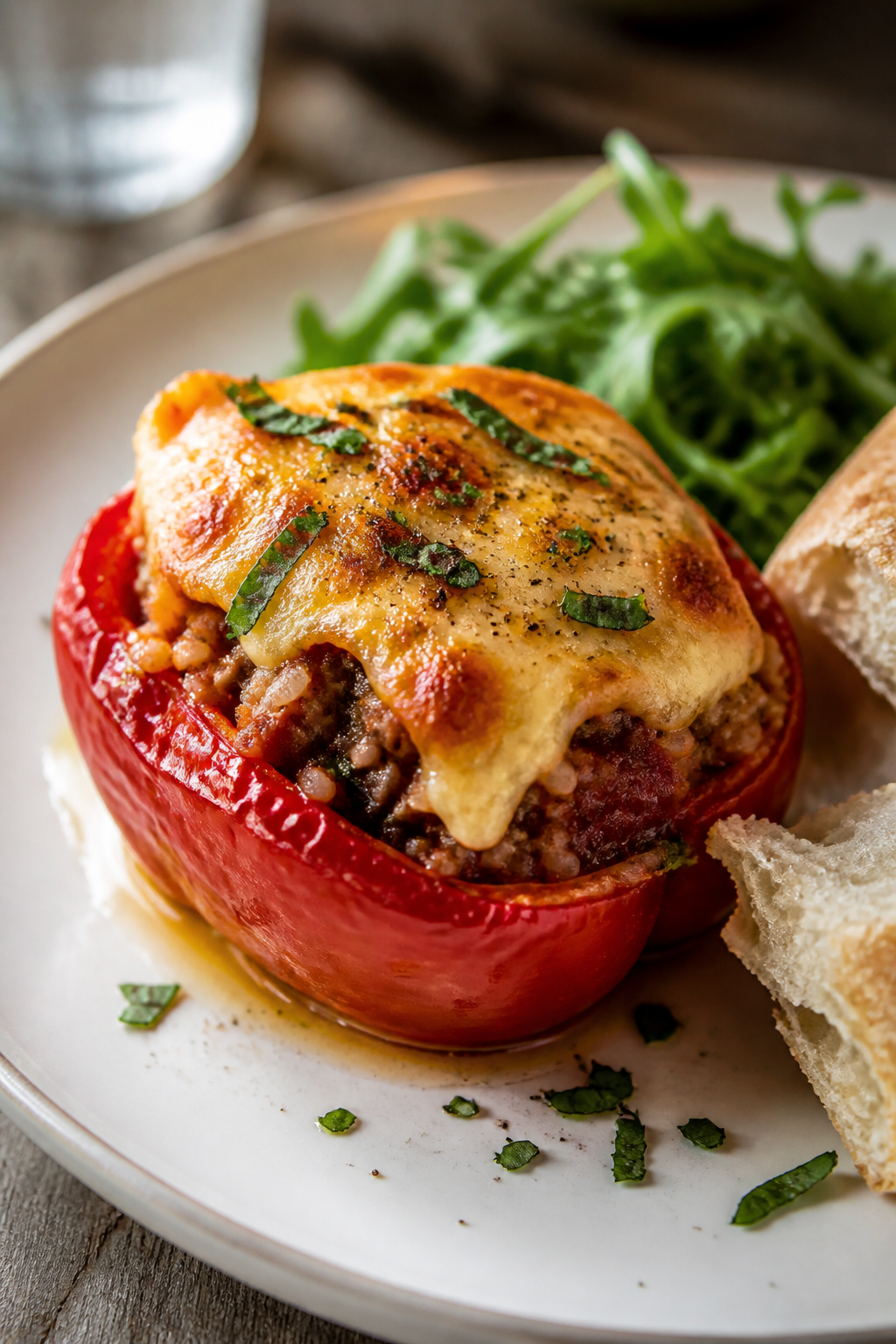 Final plated hero: Single stuffed red bell pepper on a white ceramic plate, cheese blanket bubbling 