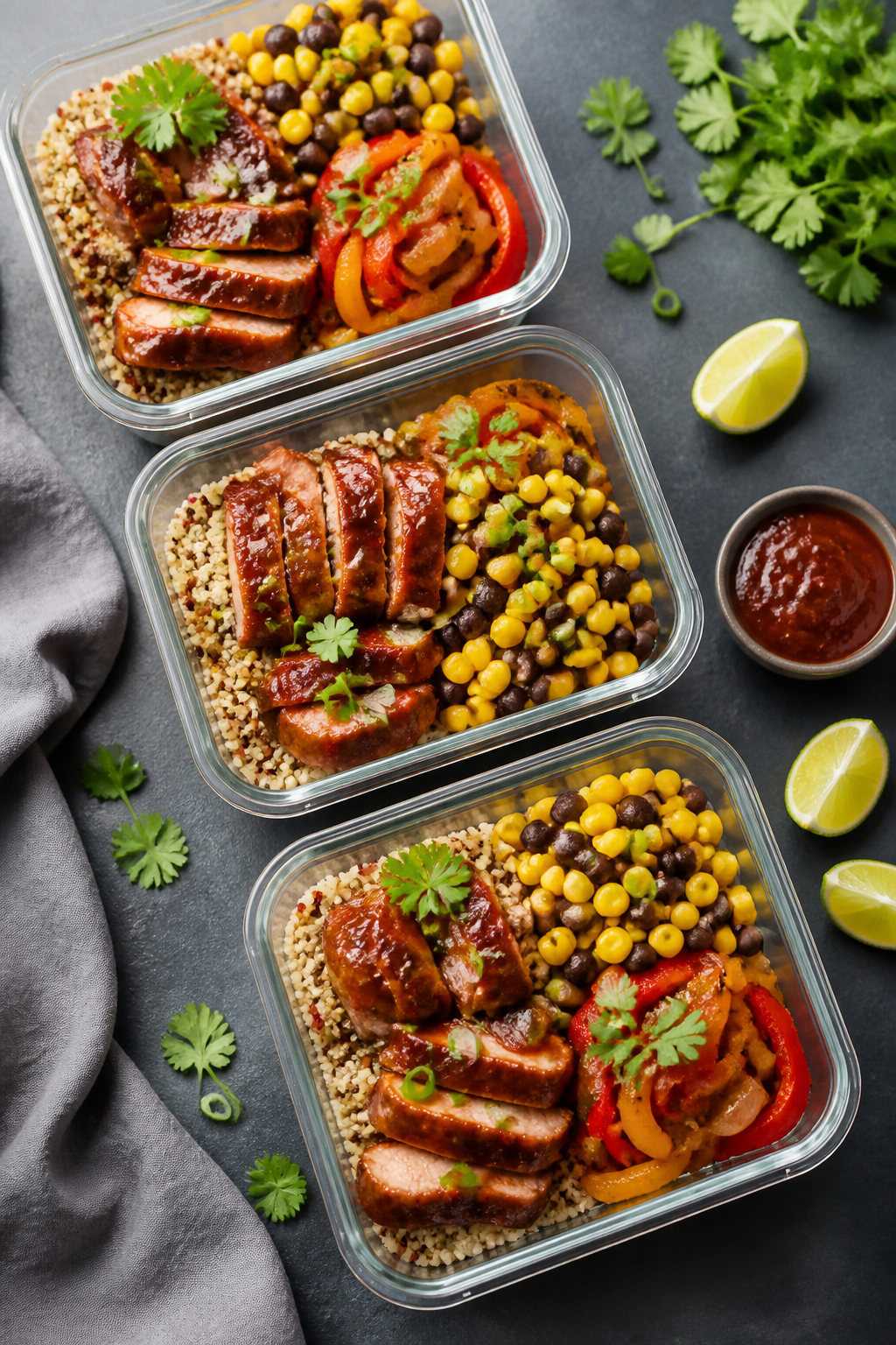 Final plated hero: Three meal-prep containers neatly arranged at a 45-degree angle, each with segmen