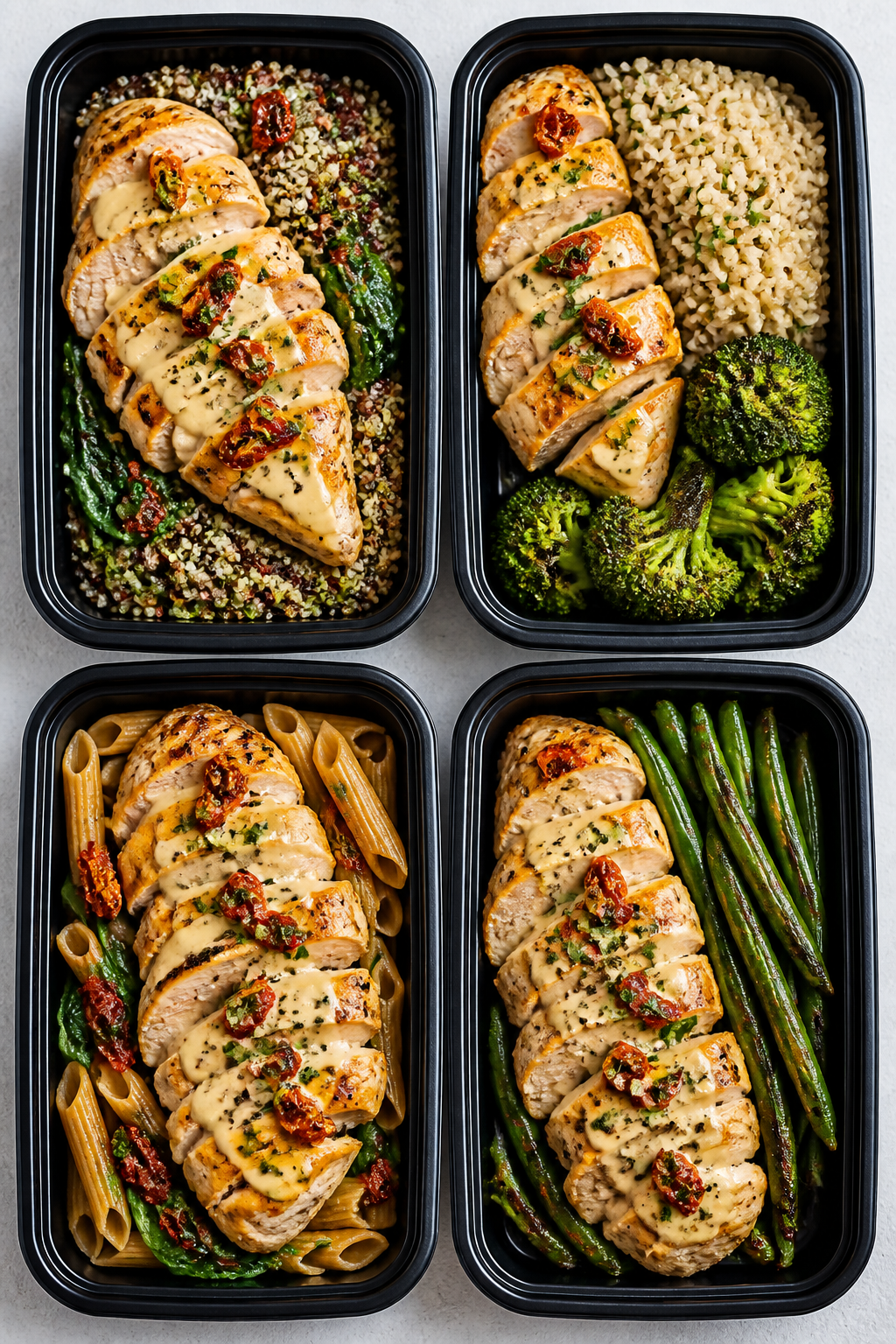 Final plated meal prep presentation: Beautifully arranged meal prep container set of four, each with
