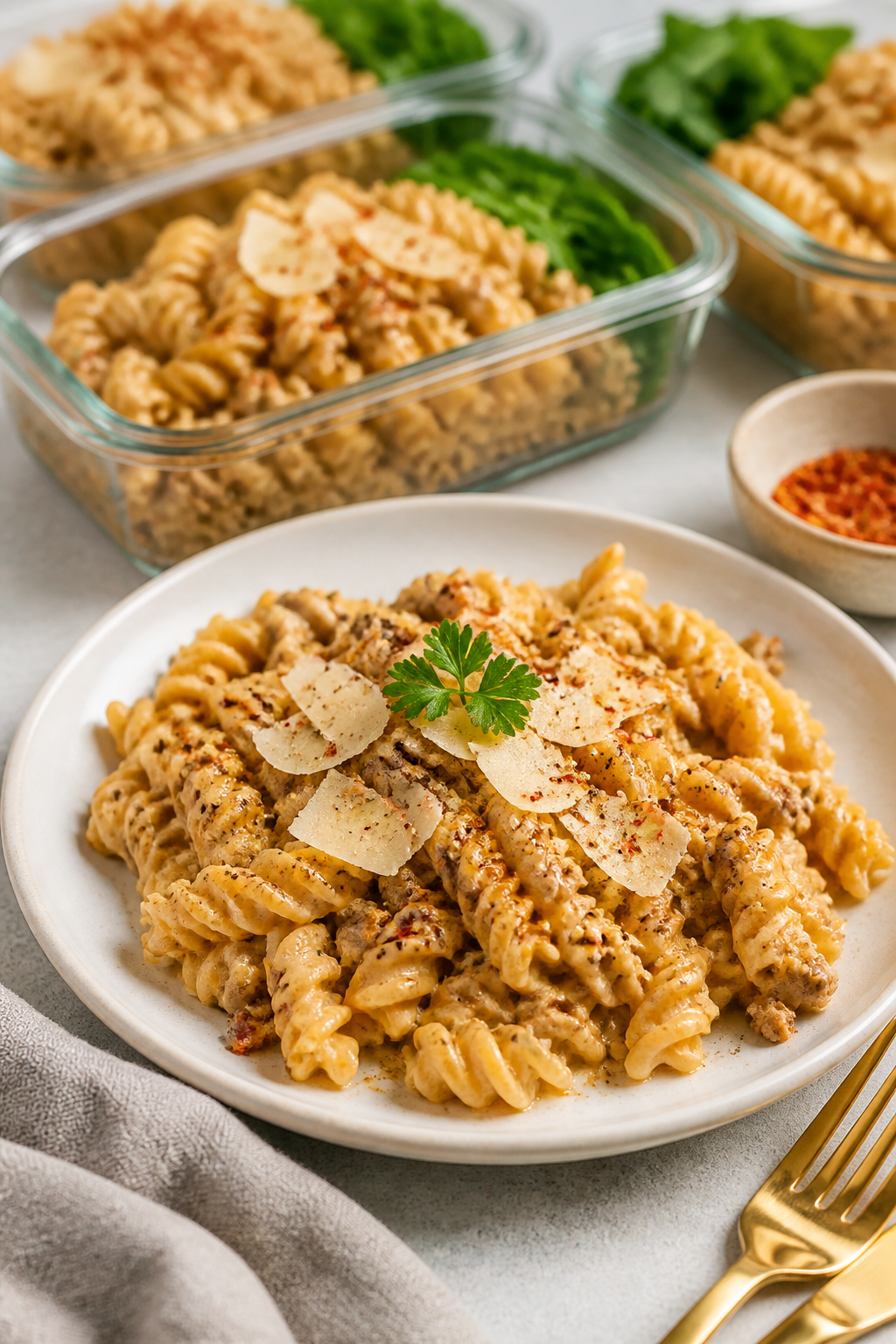 Final plated meal-prep presentation: Restaurant-quality plate of the Ground Turkey Protein Pasta, tw