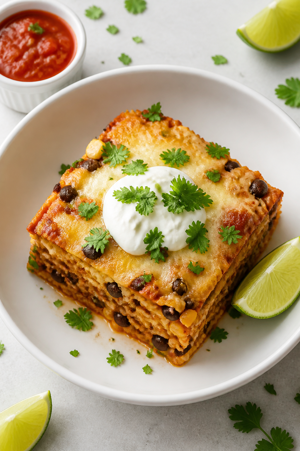 Final plated overhead: A neat square of the baked burrito casserole served in a shallow white bowl, 