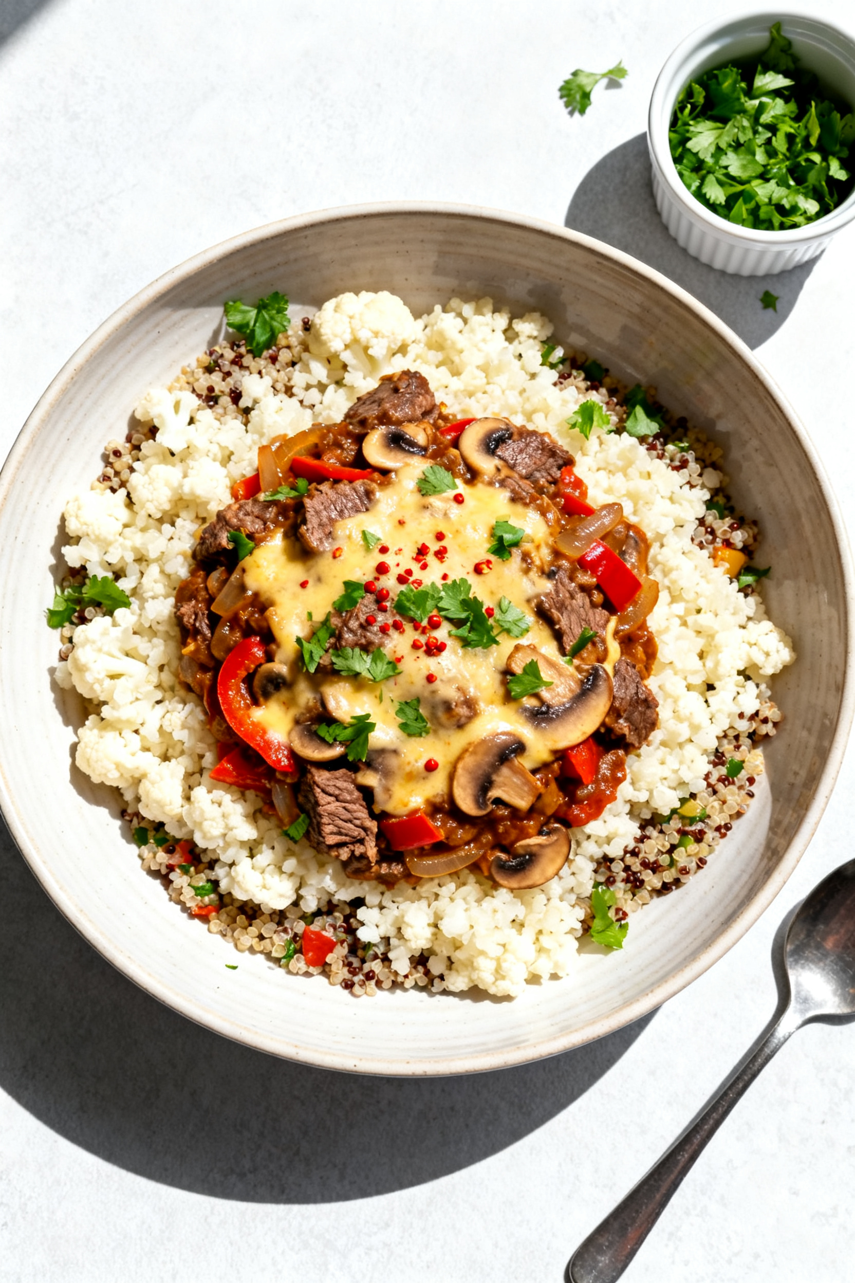 Final plated overhead: Healthy Philly Cheesesteak Bowl arranged over fluffy cauliflower rice and qui