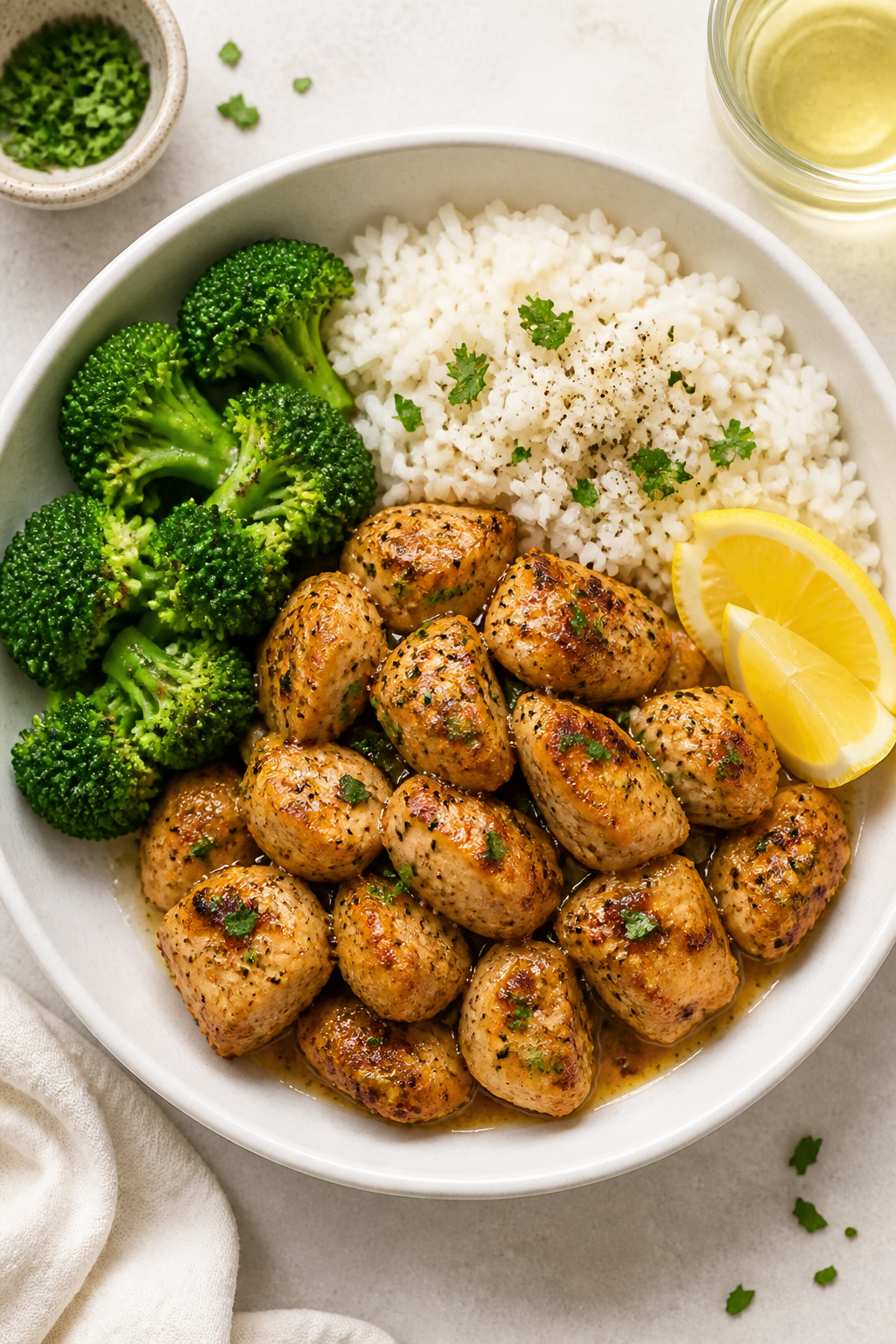 Final plated overhead: Overhead shot of High Protein Garlic Butter Chicken Bites piled on a matte wh