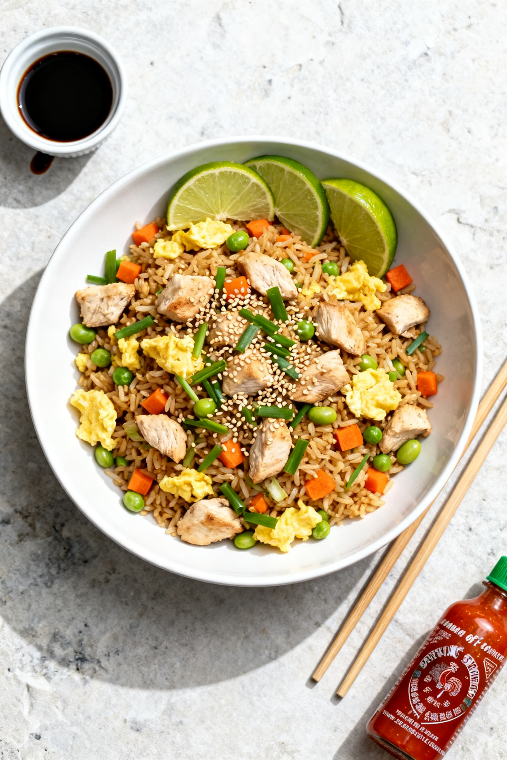 Final plated, overhead presentation: Tasty of a wide, shallow white bowl piled with high-protein chi