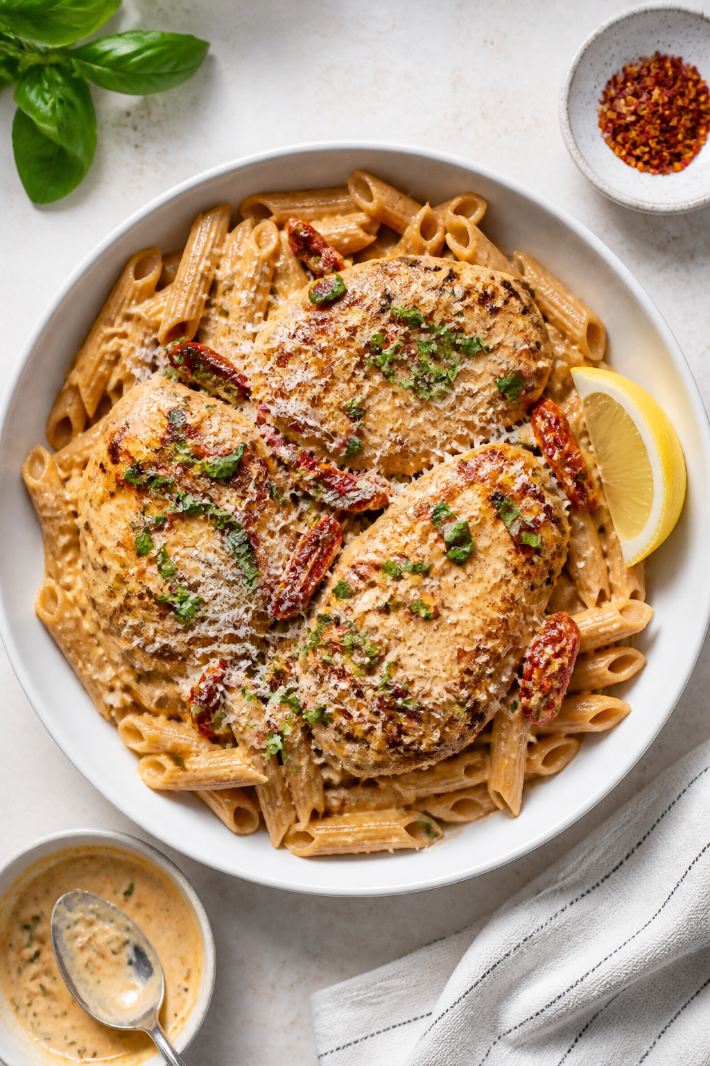 Final plated, overhead presentation: Top-down hero shot of Marry Me High Protein Chicken Skillet ser