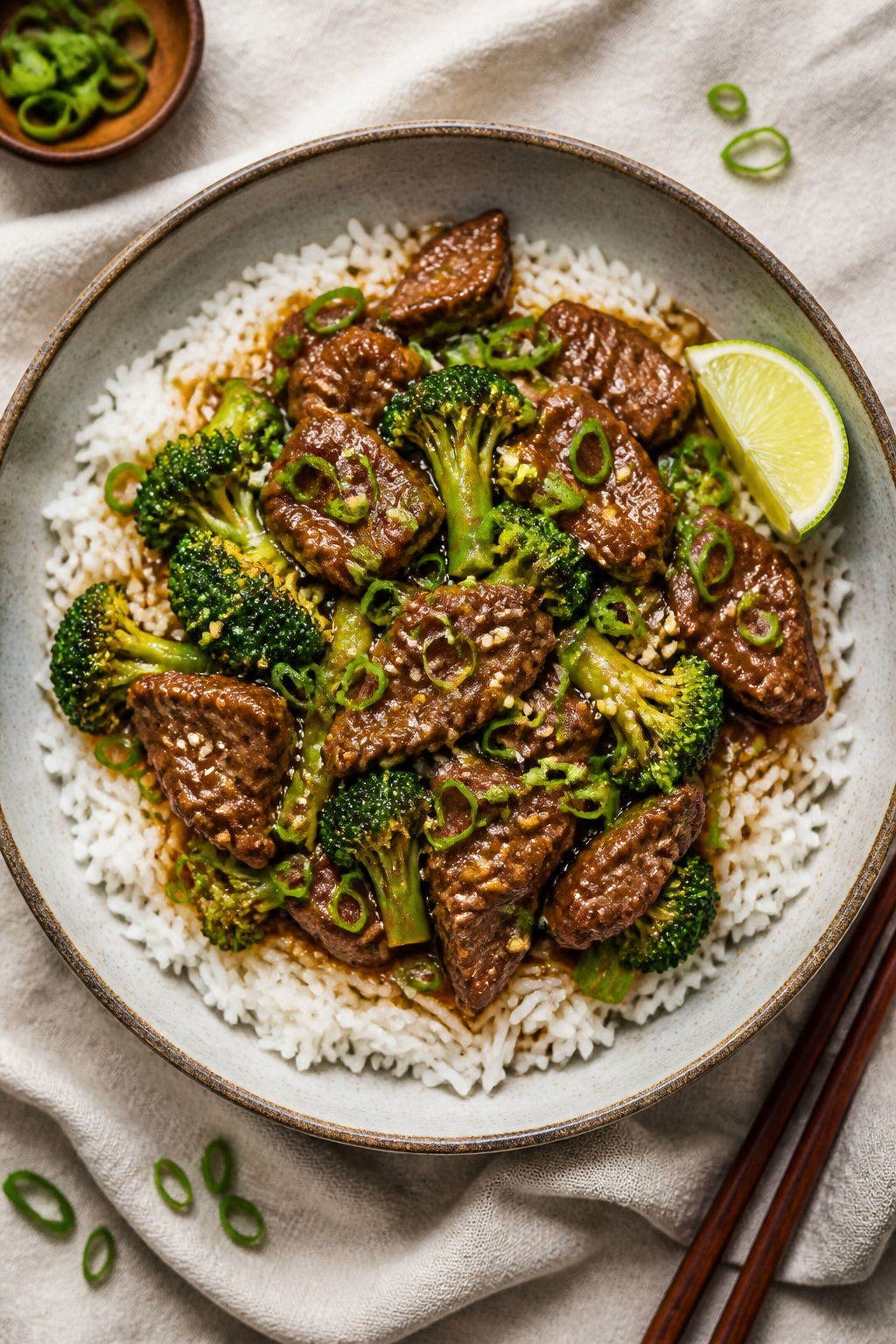 Final plated overhead: Restaurant-quality bowl of High Protein Beef & Broccoli Stir Fry served over 