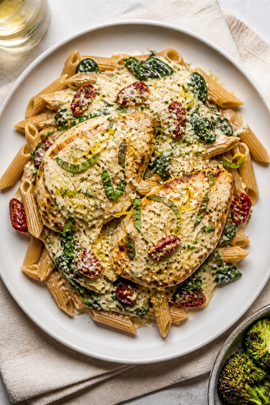 Final plated, : Overhead “tasty top view” of a composed plate of Healthy Creamy Italian Chicken 