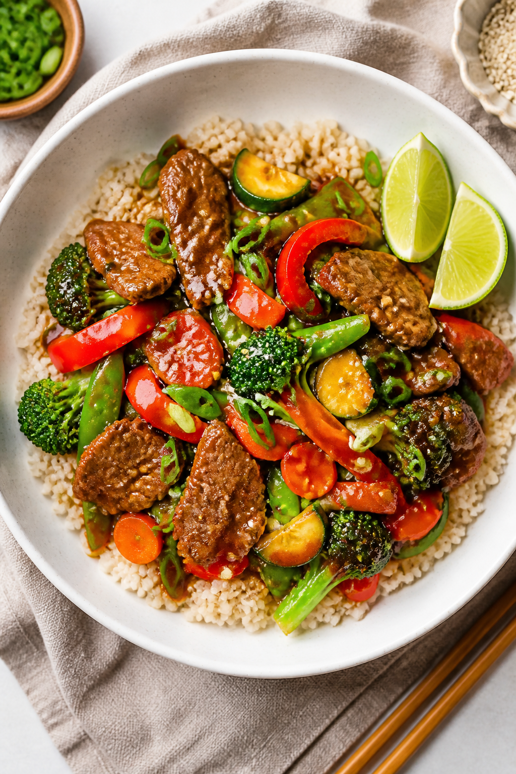 Final plated, overhead: Top-down hero shot of Healthy Beef & Veggie Stir Fry over fluffy jasmine or