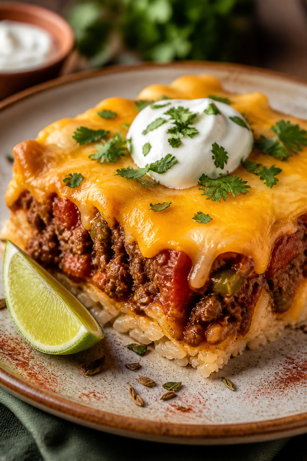 Final plated presentation: A generous square of Ground Beef Southwest Casserole served on a warm-ton