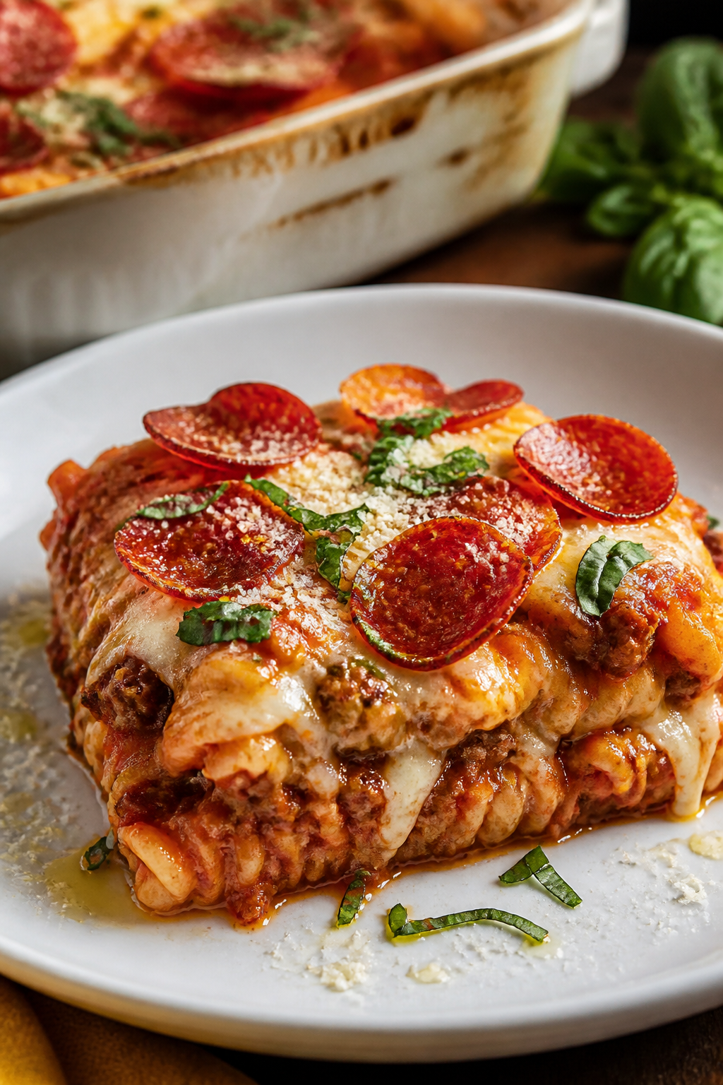 Final plated presentation: a generous square of the casserole on a wide white plate, showing spiral 