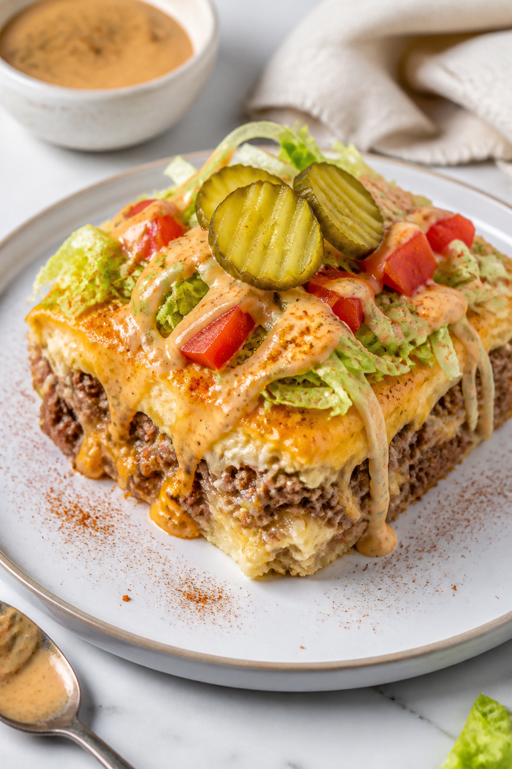 Final plated presentation: A neat square of Low Carb Big Mac Casserole on a white rimmed plate, topp