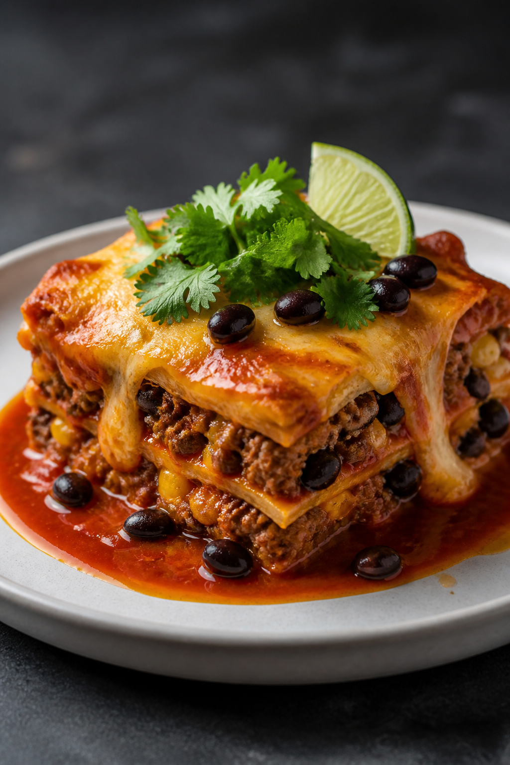 Final plated presentation: A single, clean slice of protein-packed beef enchilada casserole plated o