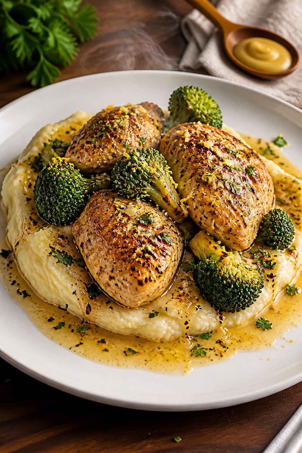Final plated presentation: Beautifully plated garlic butter chicken and broccoli over fluffy mashed