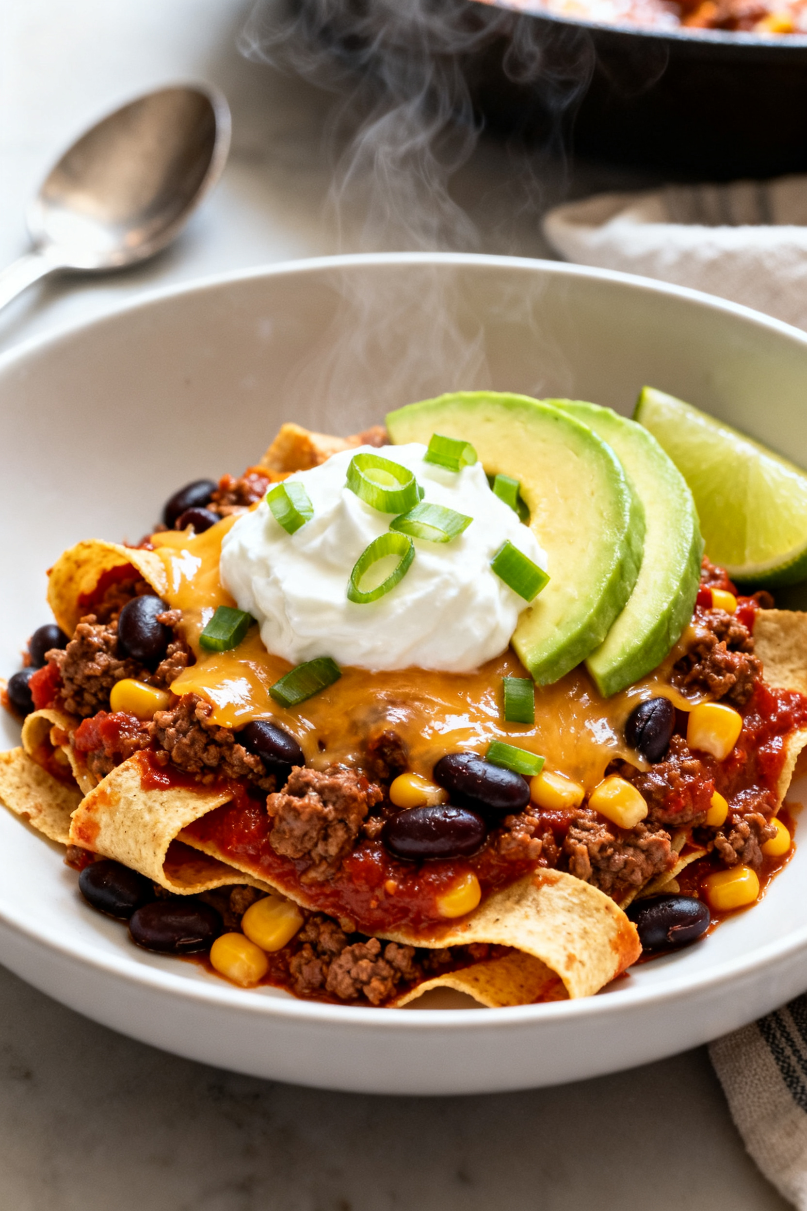 Final plated presentation in a shallow white bowl: a generous scoop of the enchilada skillet showing