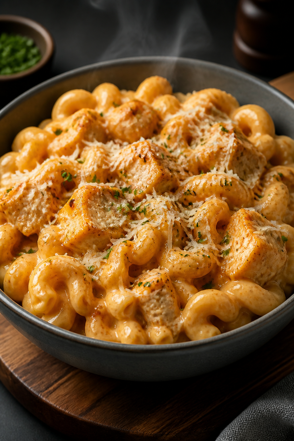 Final plated presentation: Restaurant-quality bowl of High Protein Chicken Mac & Cheese served warm,