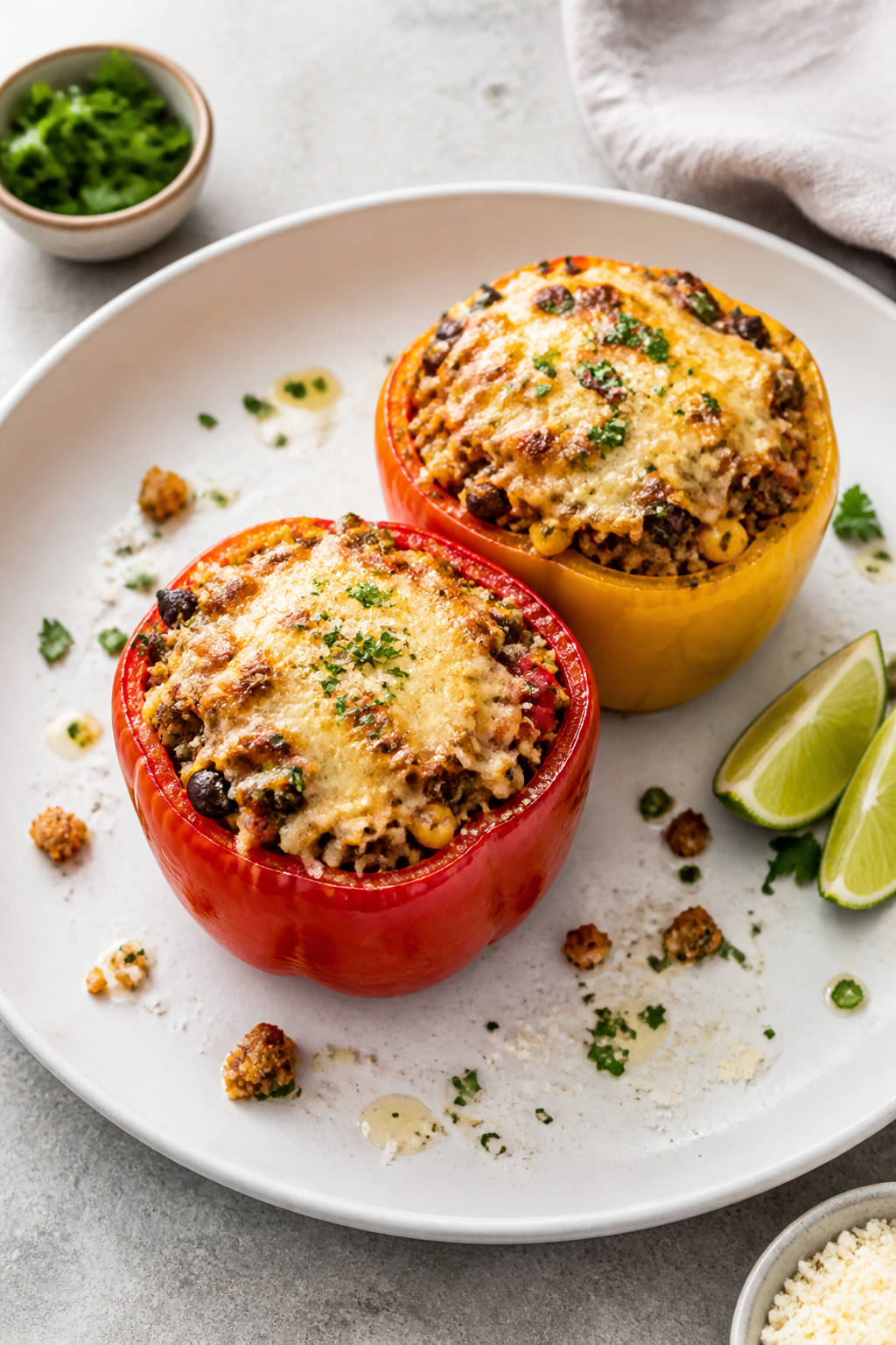 Final plated presentation: Restaurant-quality plate of Protein Packed Chicken Stuffed Peppers—two