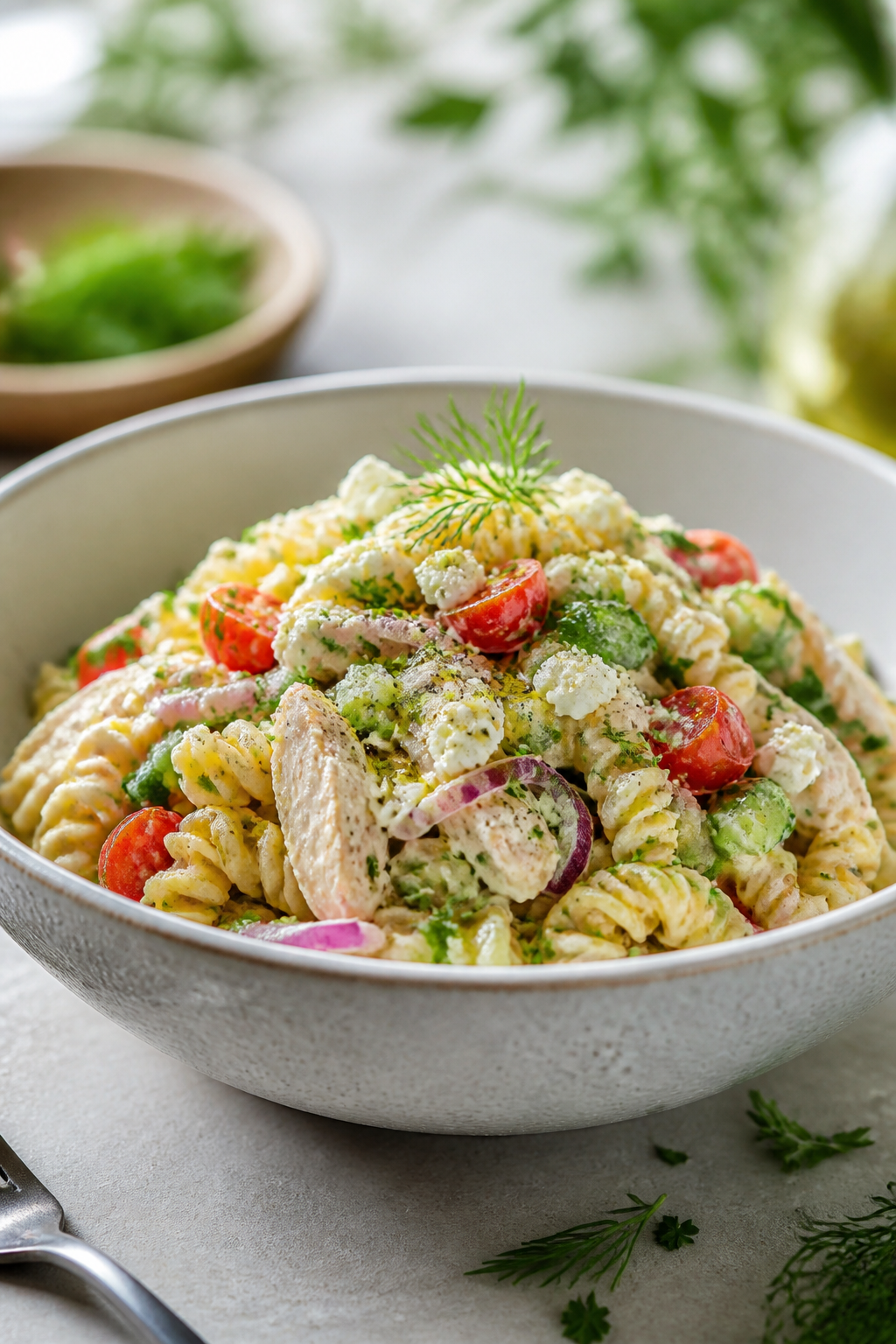 Final plated presentation: Restaurant-quality single serving of Chicken Pasta Salad mounded in a sha